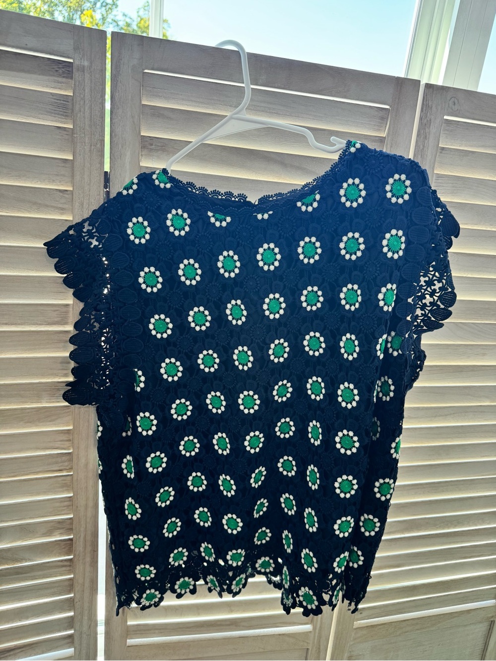 J. Crew Navy Crochet Floral Eyelet Blouse with Green & White Flowers